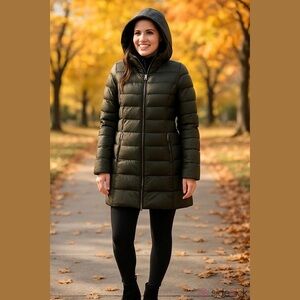 Lucky Brand Nylon Puffer Jacket w/ Hood Down Filled Colour Army Green Size Small